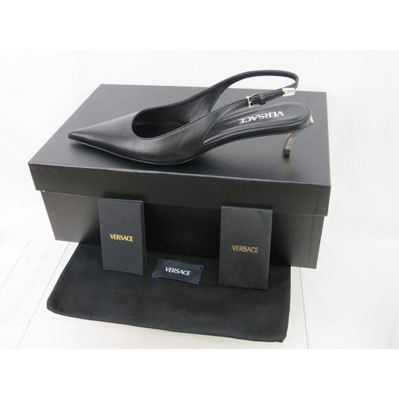 NIB VERSACE BLACK LEATHER SILVER MEDUSA LOGO SANDALS KITTEN HEEL PUMPS 41 US 11 - Picture 11 of 12